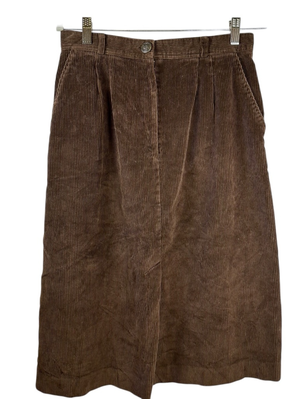 Vintage Samantha Scott Brown Corduroy Midi Skirt 14 100% Cotton Pleated Front